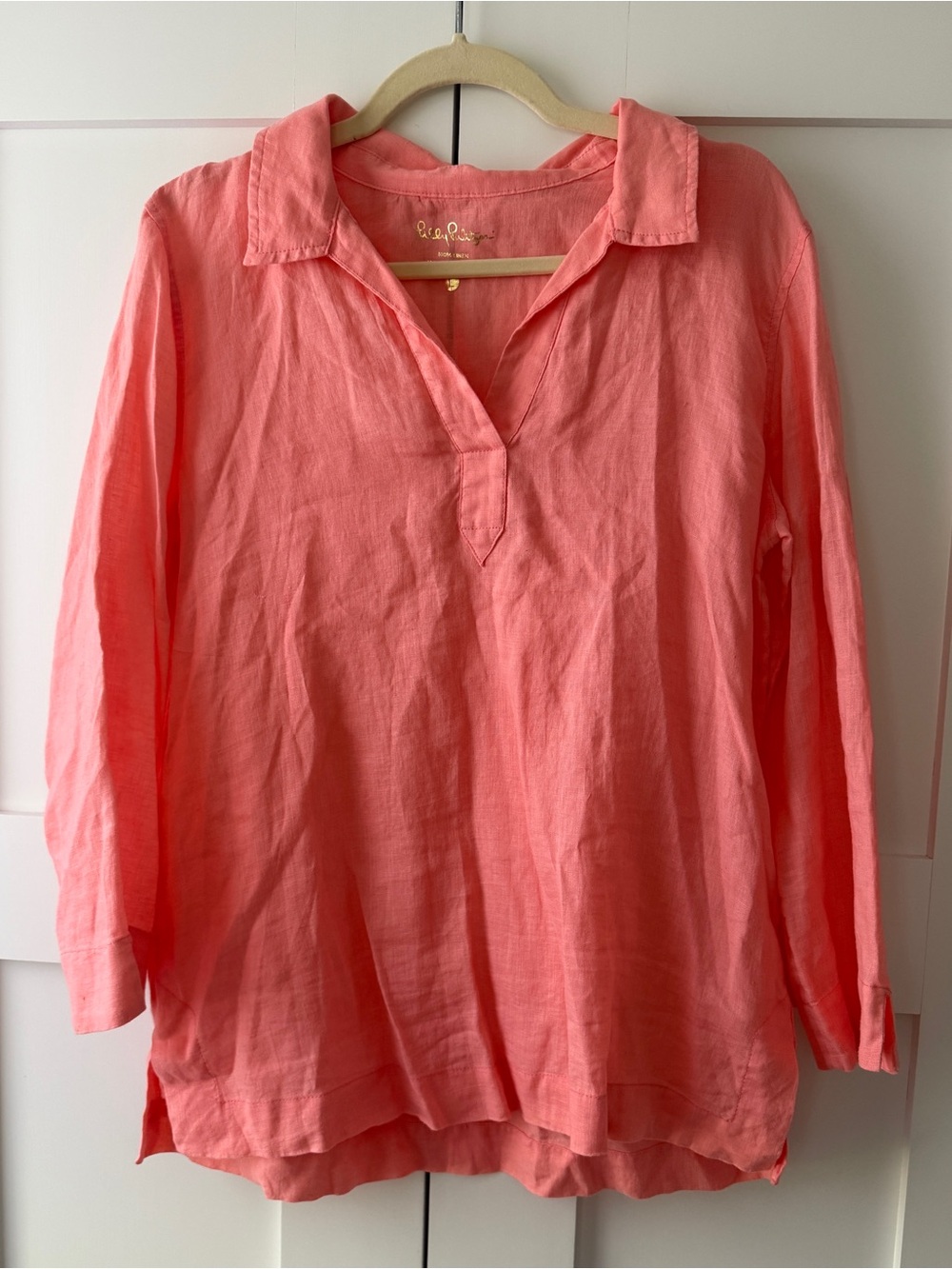 Lilly Pulitzer Coral V-Neck Collared Linen Tunic